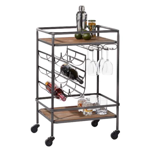 2-Tier Brown Chinese Fir and Metal Industrial Bar Cart